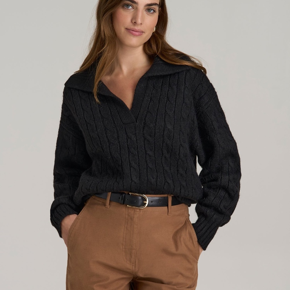 American Tall Johnny Collar Cable Knit Sweater for Tall Women in Black Size LL /